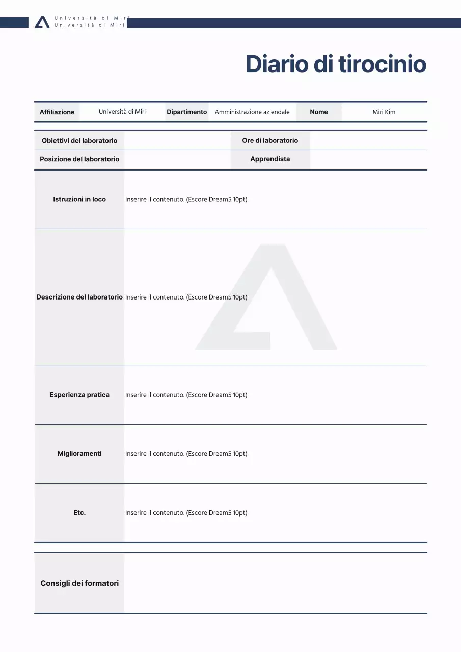 Documentazione del diario di laboratorio in stile navy, pulito e da ufficio