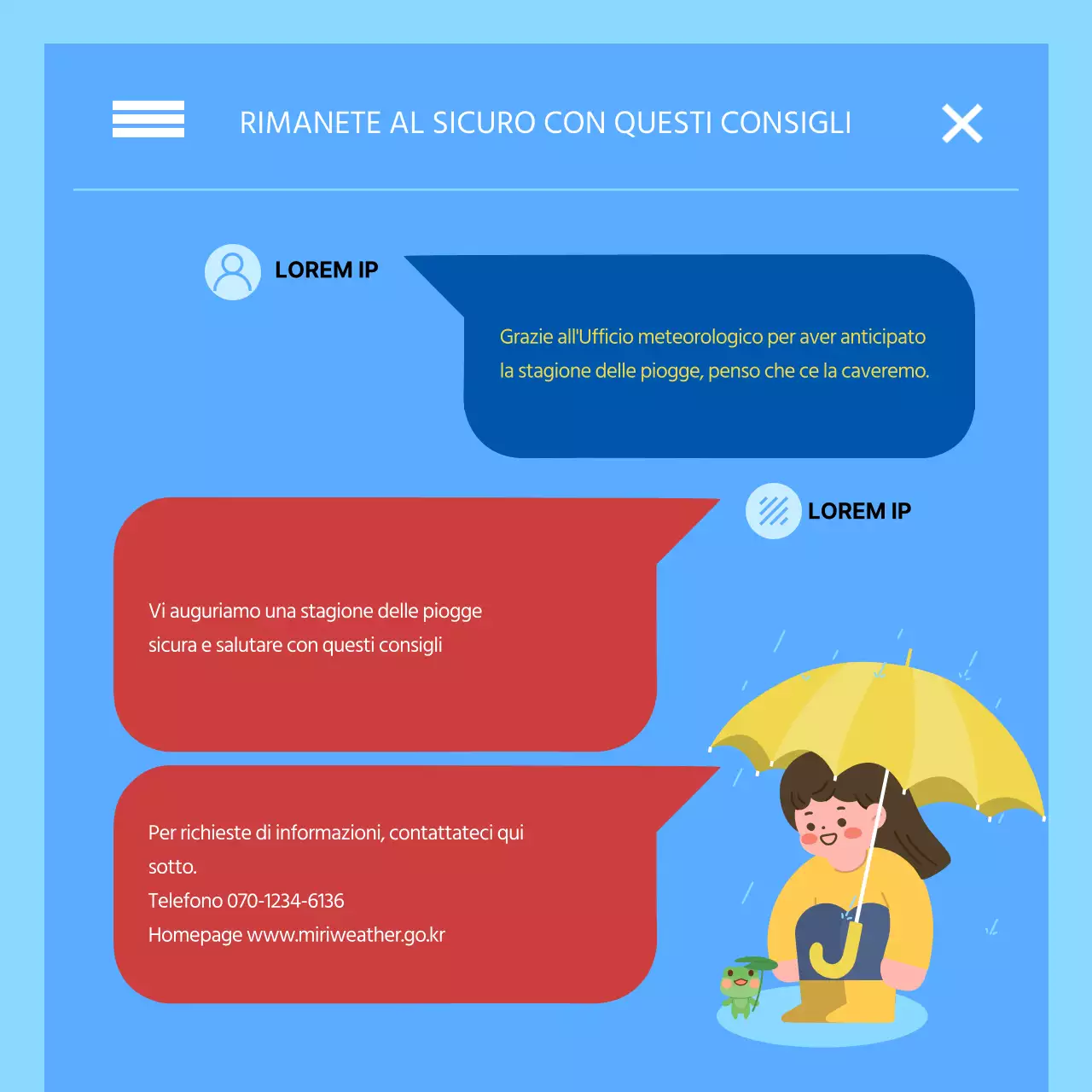 Concetto di testo di allerta per catastrofi di colore rosso e blu Informazioni sull'allarme pioggia intensa