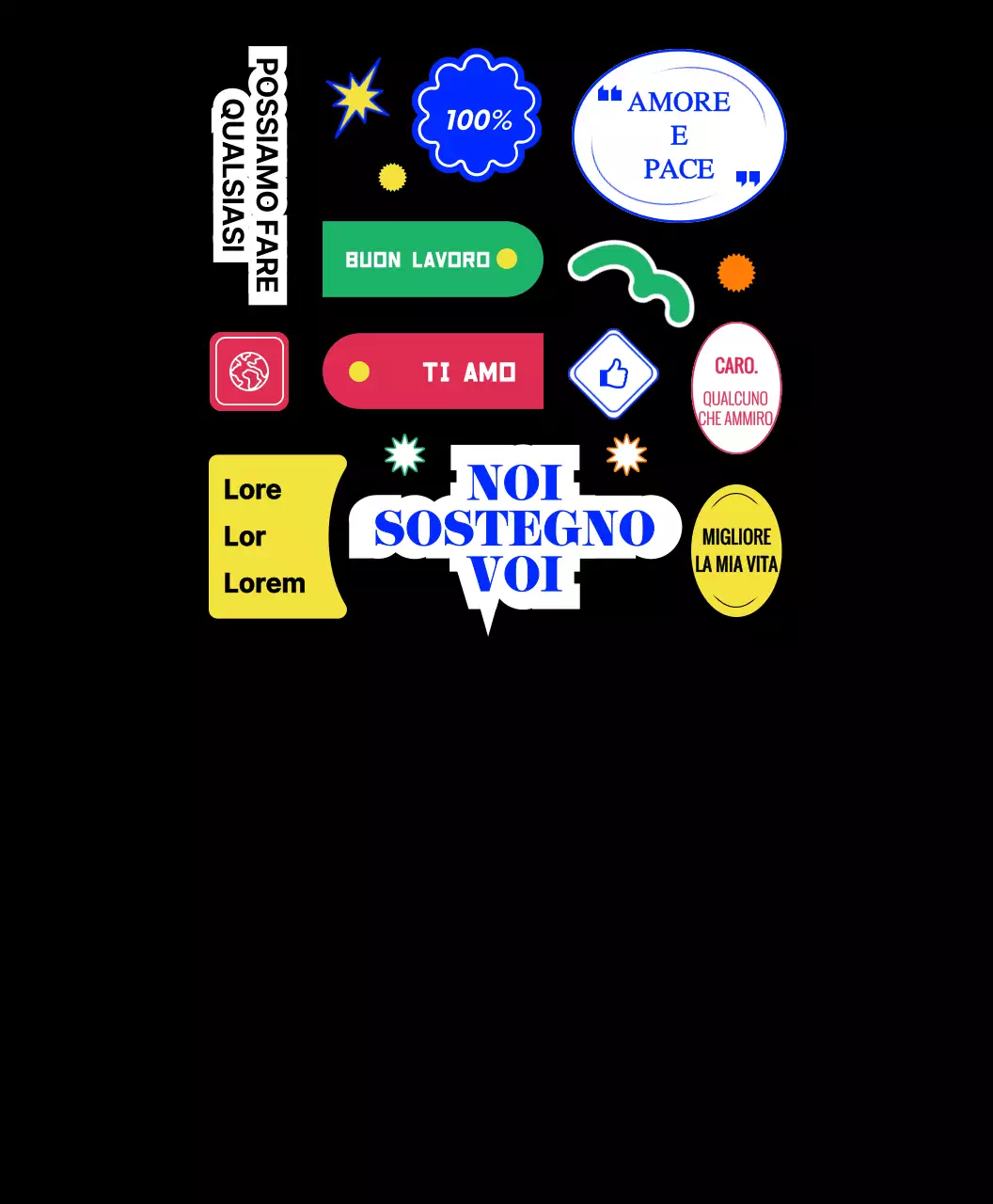 Magliette del gruppo Hip Concept Merchandise con testi e icone colorate