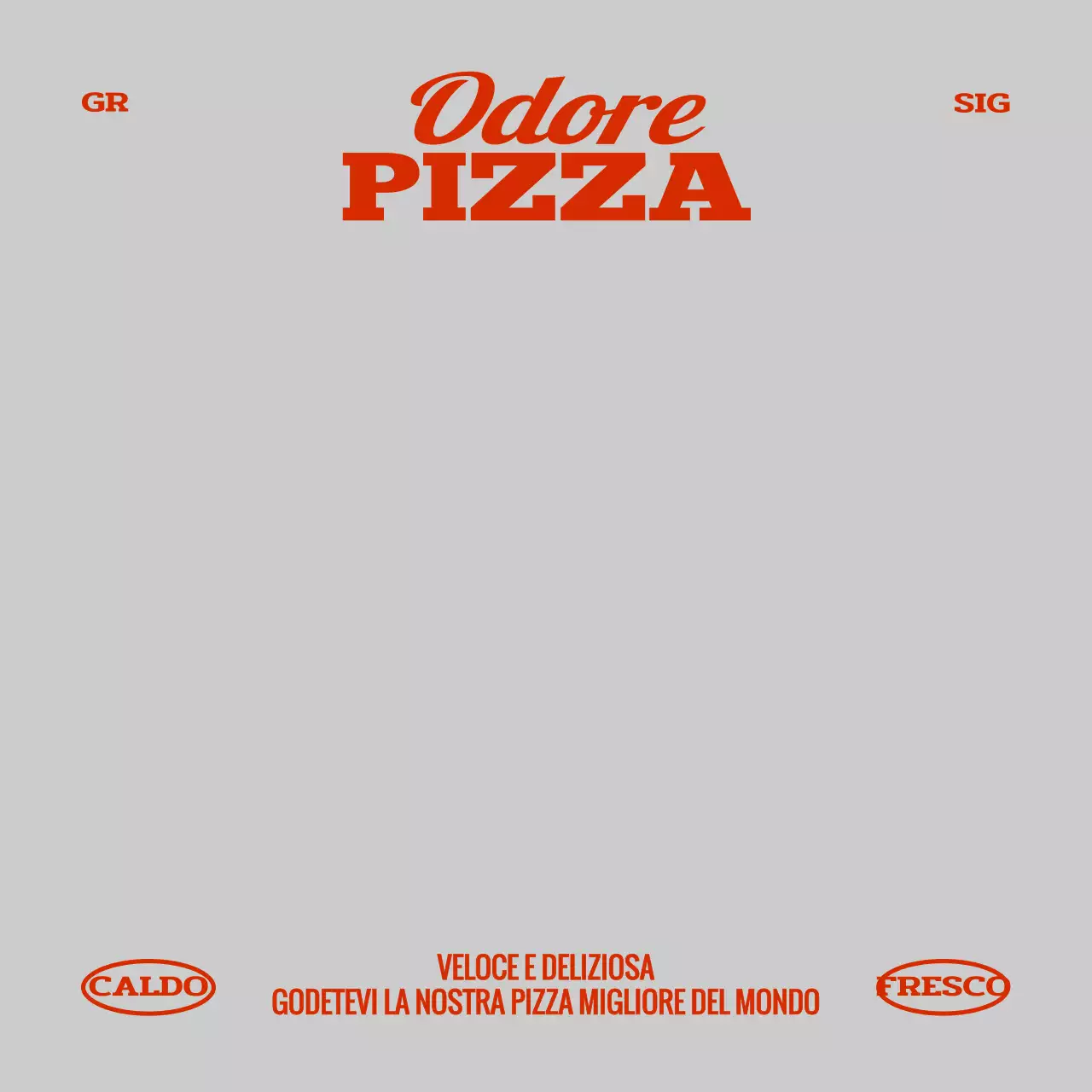 Una pizzeria di tendenza con testo rosso