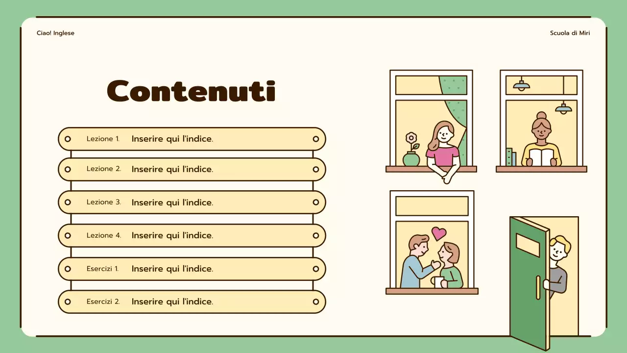 Lezioni di inglese con simpatiche illustrazioni in beige e verde