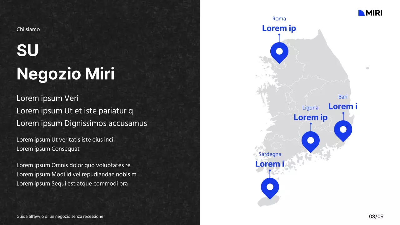Guida all'avvio di un centro commerciale con schema di colori bianco, blu e nero e layout a griglia
