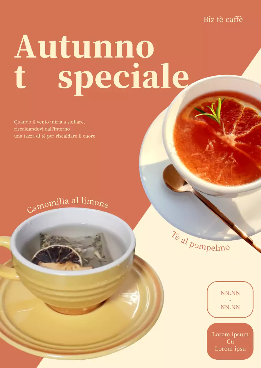 Poster per il tè d'autunno con foto di due menu su sfondo diviso