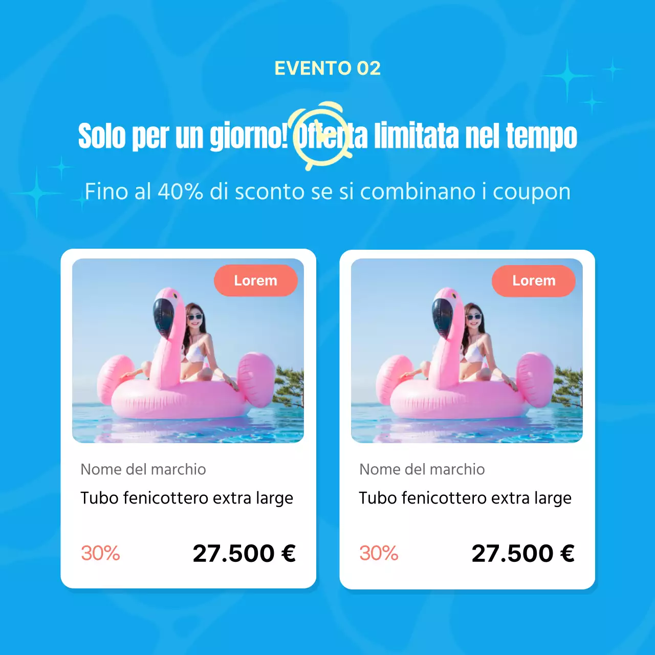 Promuovere un evento di saldi estivi tropicali in blu e giallo