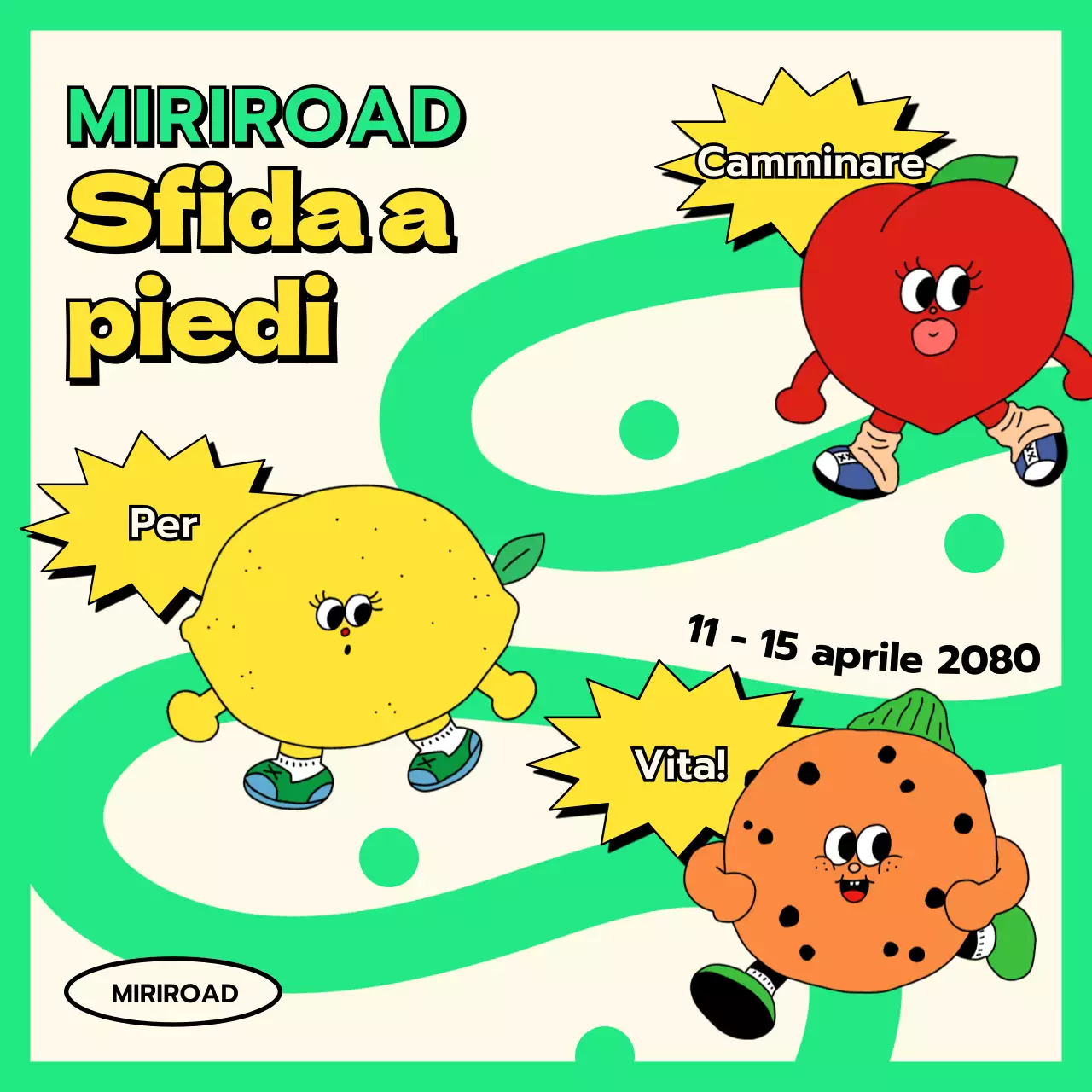 Illustrazione di frutta kitsch in chartreuse fluorescente Gara di camminate di primavera Walking Challenge