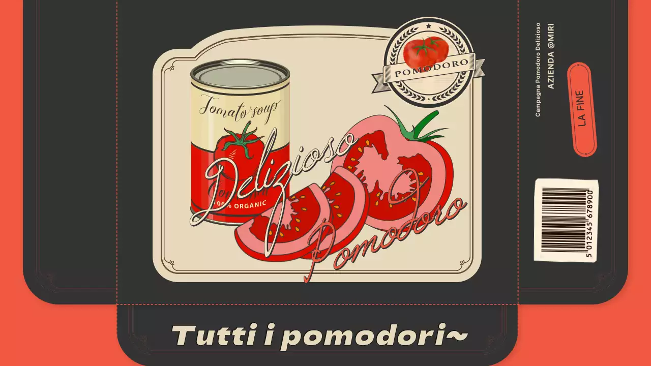 Presentazione dei pomodori con un concetto di etichetta vintage in arancione e blu navy