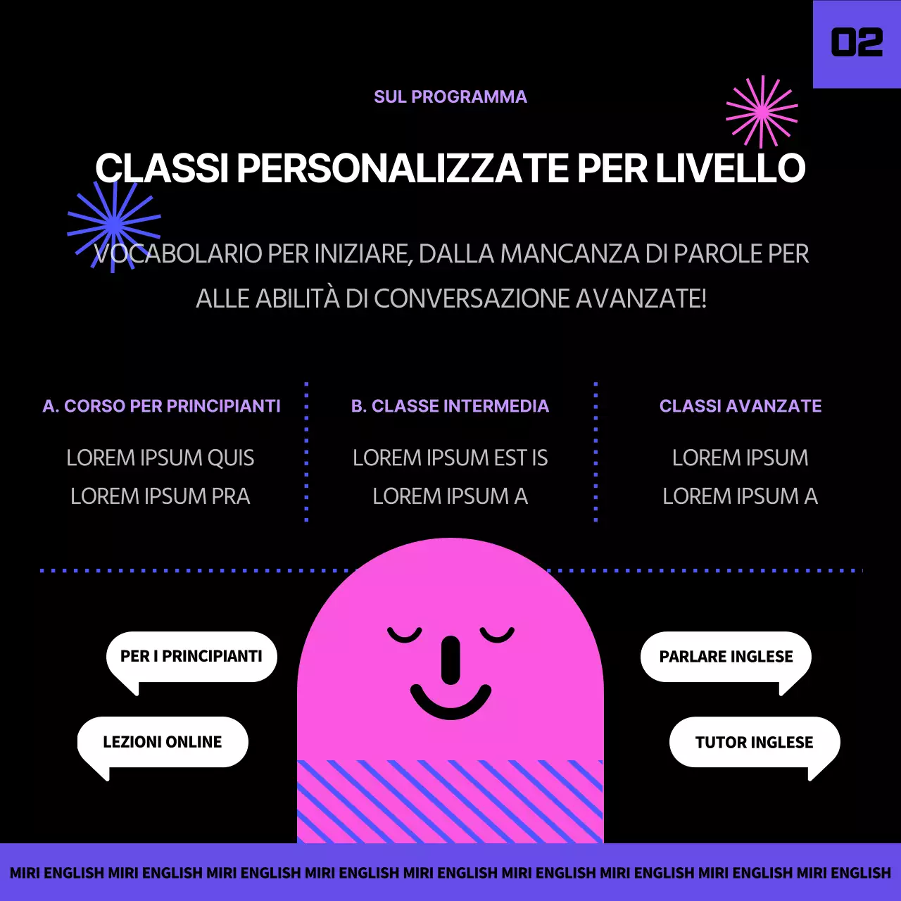 Programma di Master in inglese in nero e viola