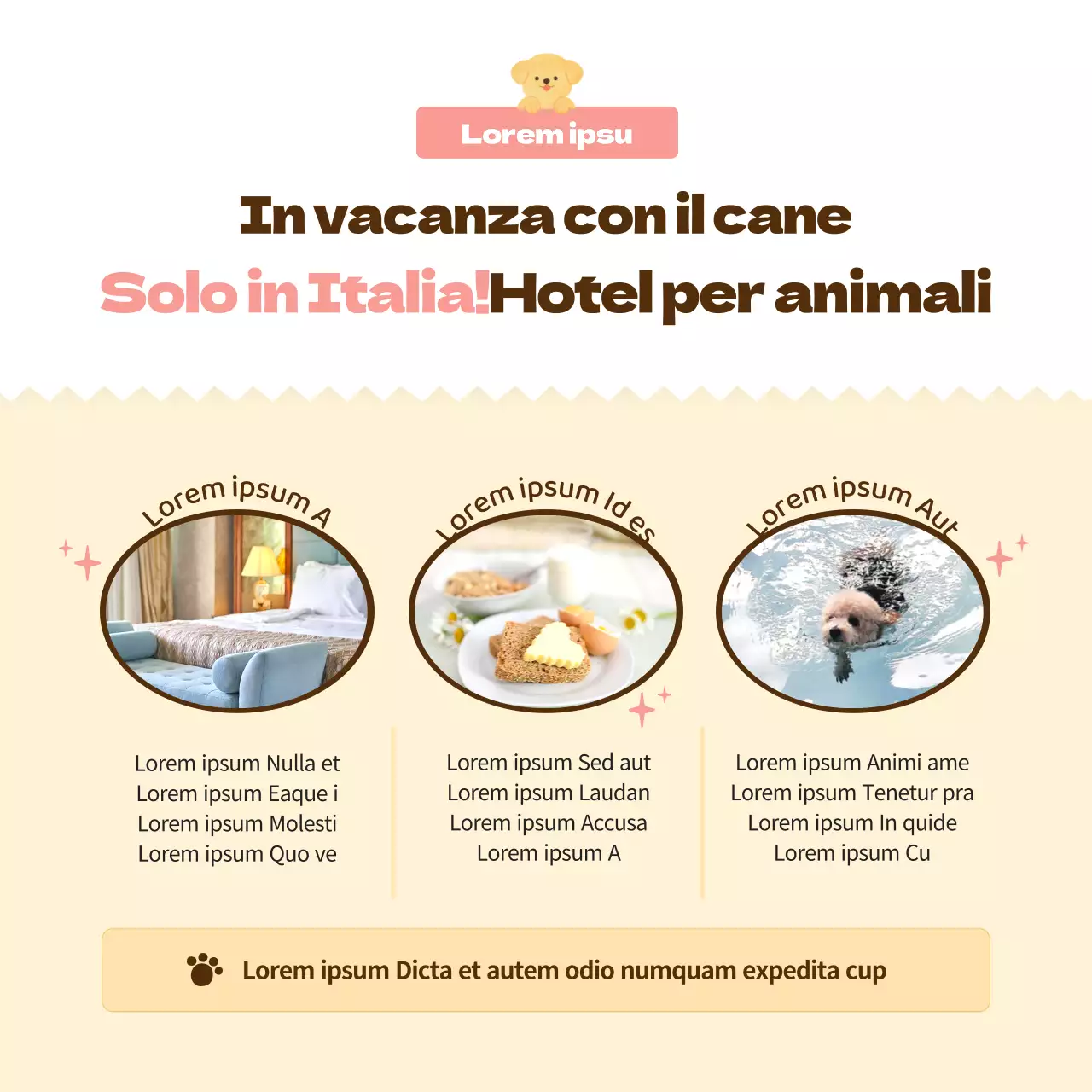 Promuovere un hotel per cani rosa, caldo e coccoloso (CardNews)