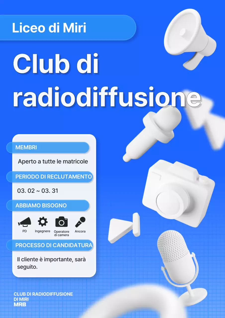 Reclutamento di nuovi membri di un club di radiodiffusione delle scuole superiori con testo pulito in blu e bianco.