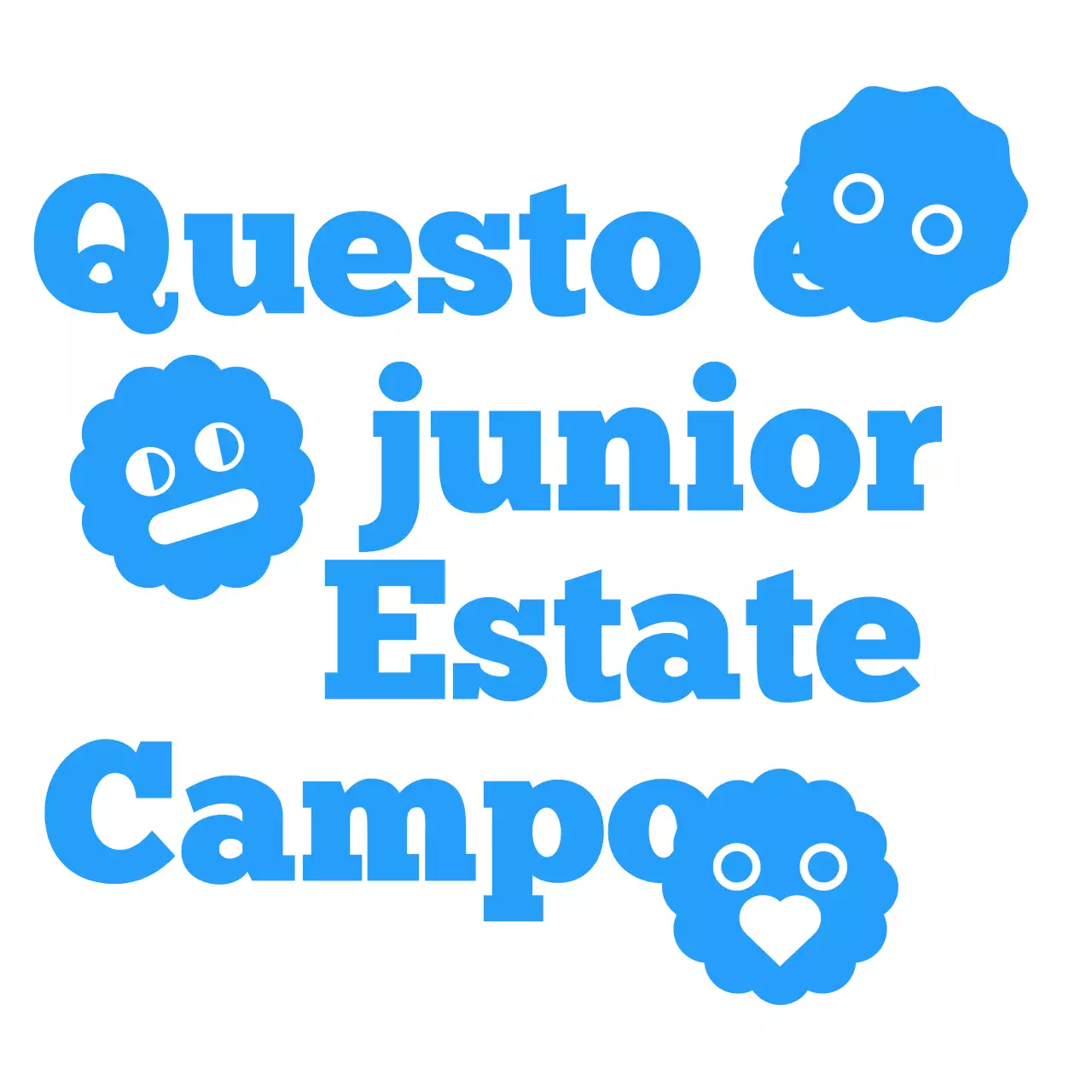 Maglietta di gruppo con concetto di campo estivo per bambini con personaggi e forme simpatiche in blu.