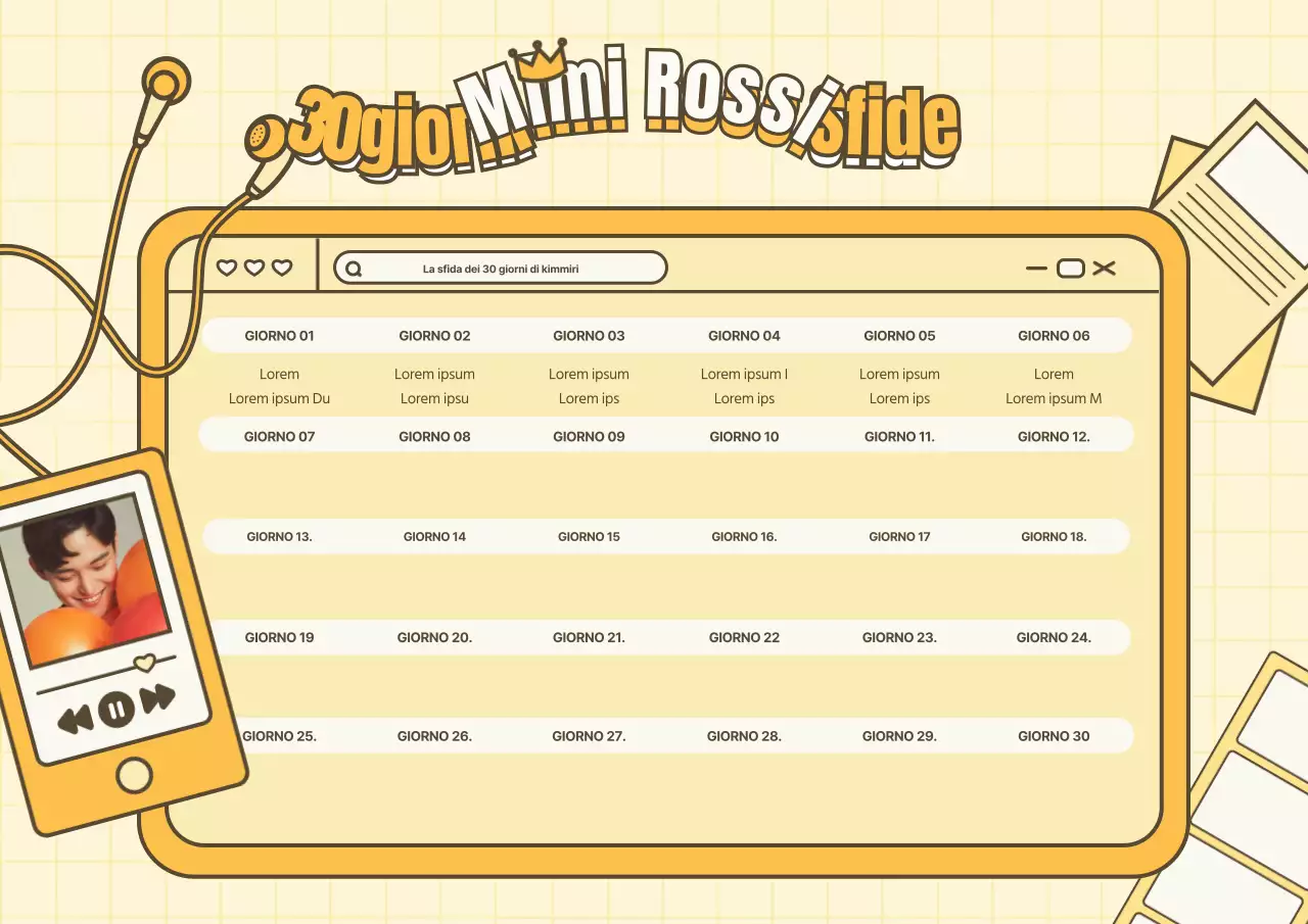 Una sfida idolo di 30 giorni con una simpatica illustrazione gialla.