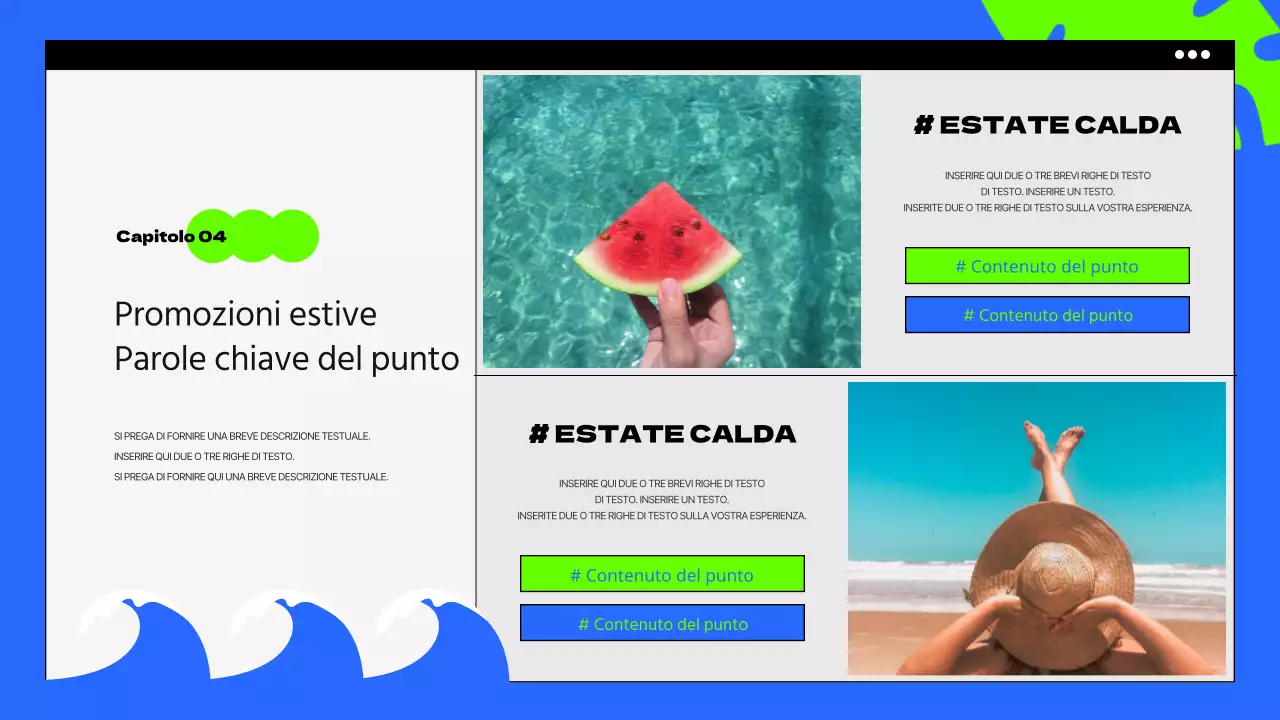 Breve promozionale estivo con tonalità di blu e fluorescenti