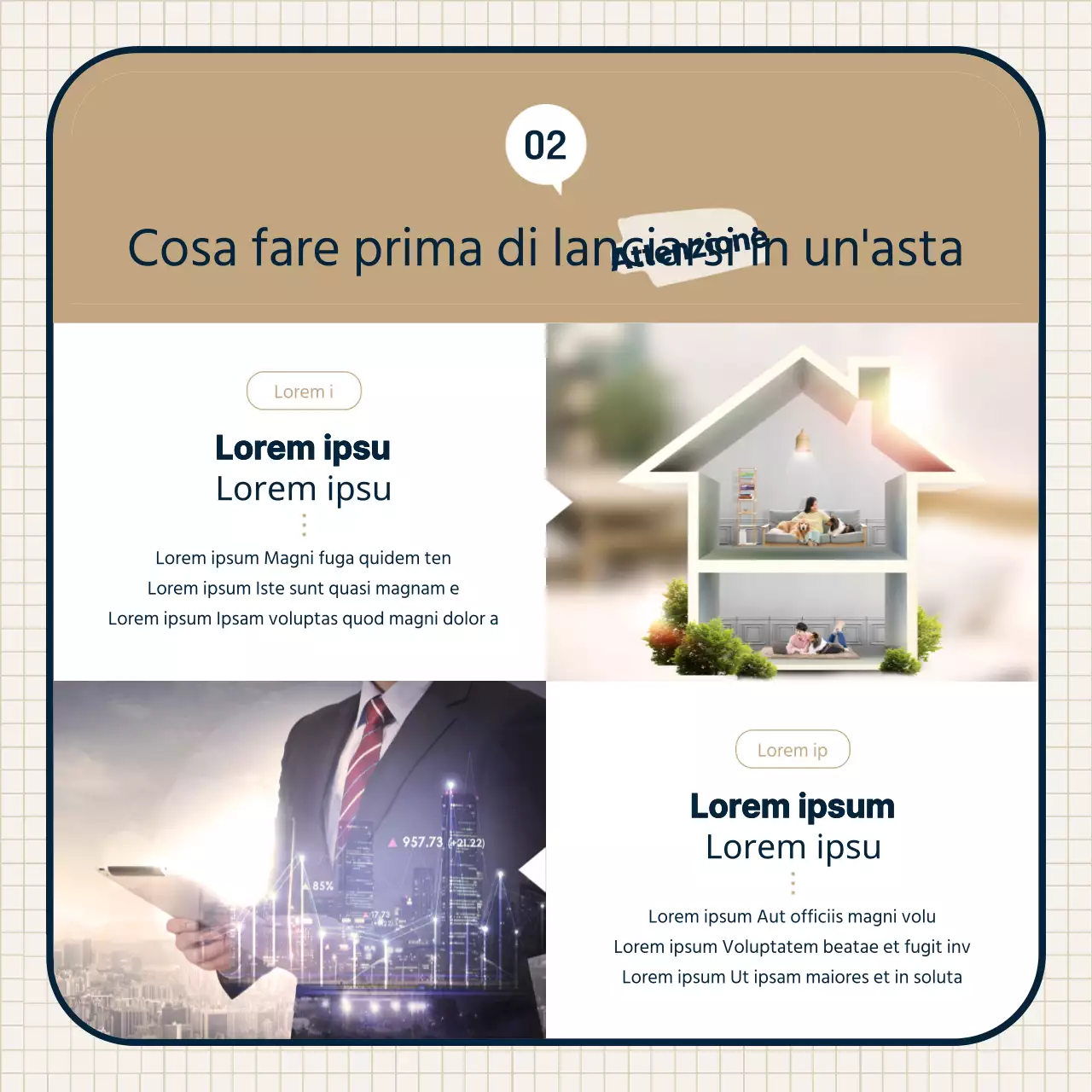 Tema dell'asta immobiliare con illustrazioni pulite e combinazioni di cornici in beige