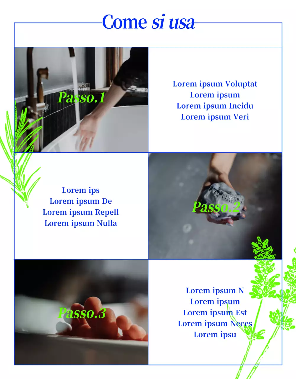 Bagnoschiuma pre-naturale con disegno a linee di erbe in verde e blu neon