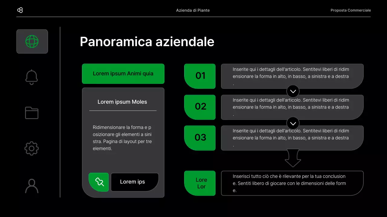 Proposta di business per un'attività commerciale con un concetto di foglia naturale nera e verde