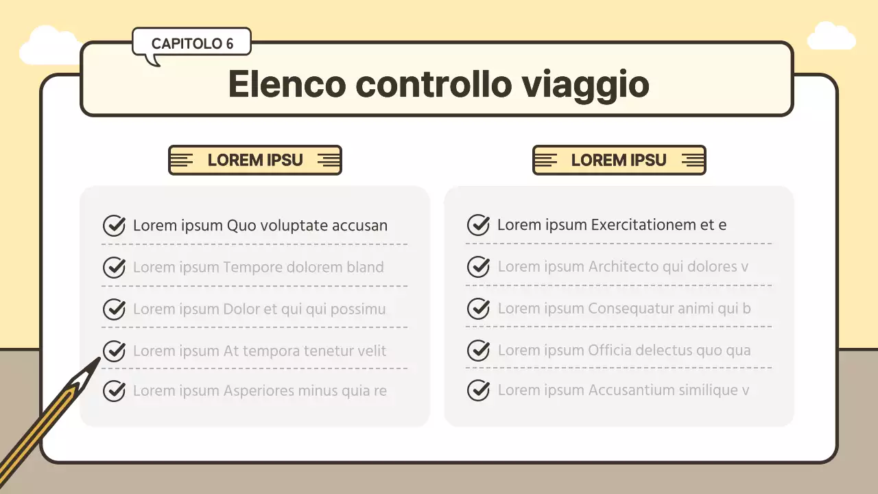 Idea di valigie e itinerario di viaggio in giallo e beige