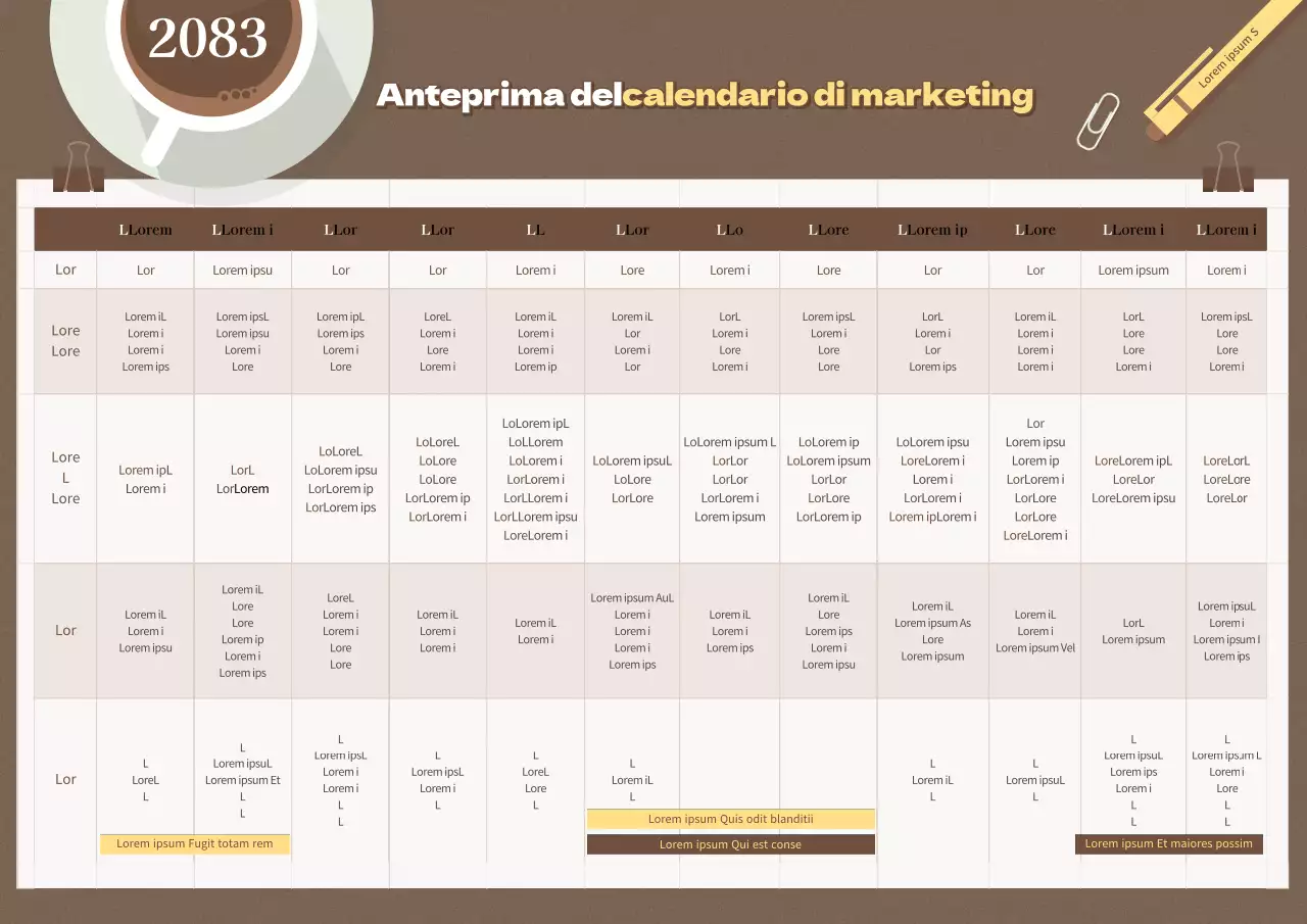 Un calendario annuale semplice e illustrato, in marrone e giallo.