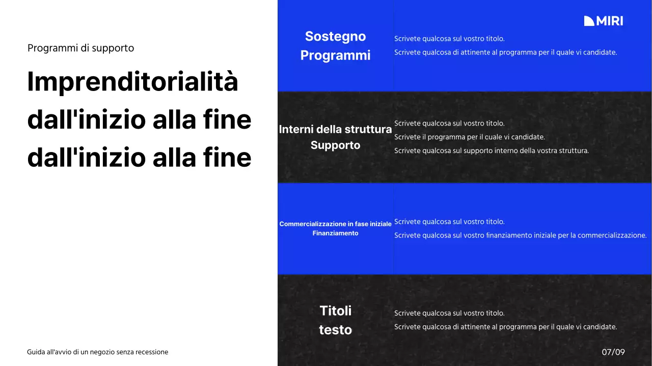Guida all'avvio di un centro commerciale con schema di colori bianco, blu e nero e layout a griglia