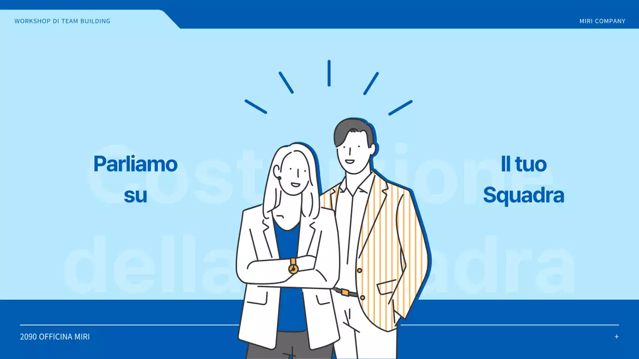 Laboratorio di team building che evidenzia le illustrazioni in blu e giallo