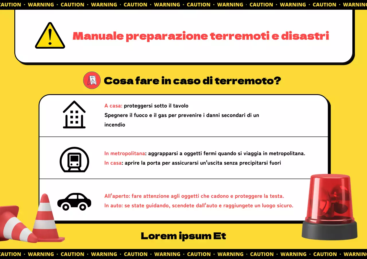 Poster informativo semplice giallo-nero del manuale di preparazione ai disastri sismici