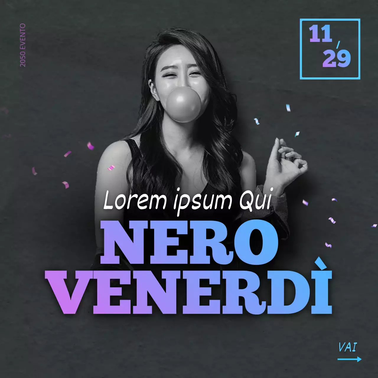 Sfondo scuro blu sfumato donna che soffia bubblegum Evento del venerdì nero