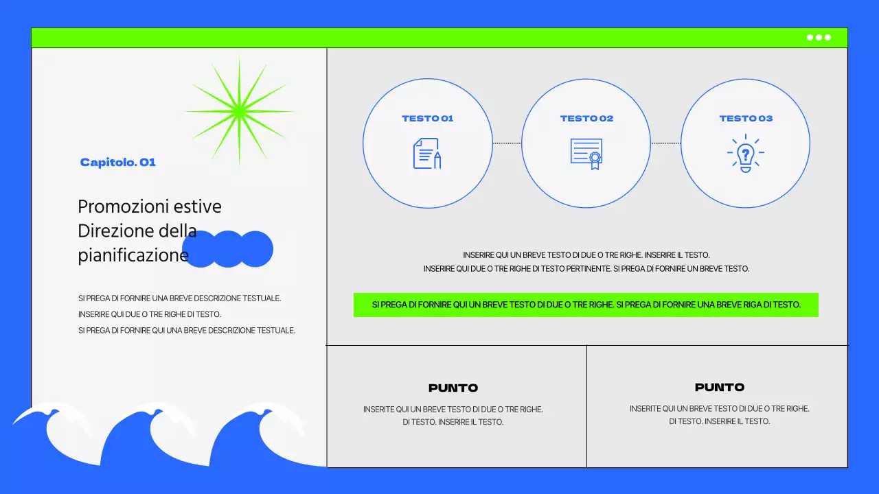 Breve promozionale estivo con tonalità di blu e fluorescenti