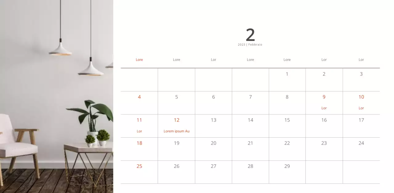 Calendario di interior design in stile bianco e pulito