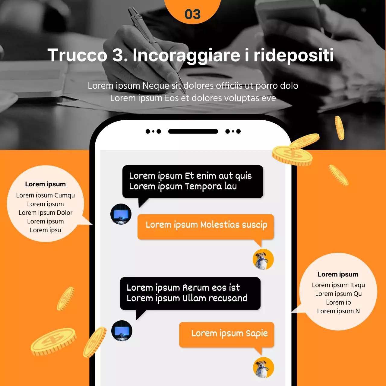 Schema di frode dell'usato di colore arancione e marinoTipoCardNews
