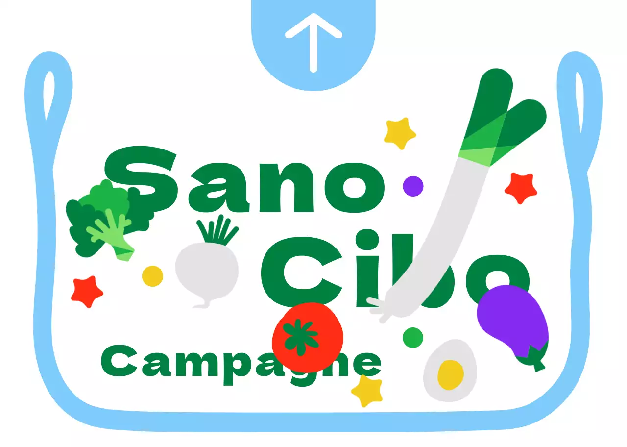 Illustrazione di sacchetti di plastica carini e ordinati, in stile cornice, con indicazioni per una campagna alimentare in azzurro e verde.