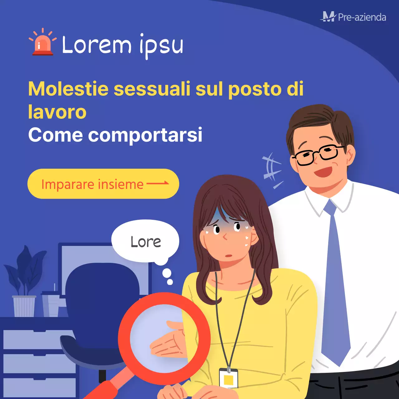 blu sfondo giallo rosso punto illustrazione luogo di lavoro molestie sessuali social media