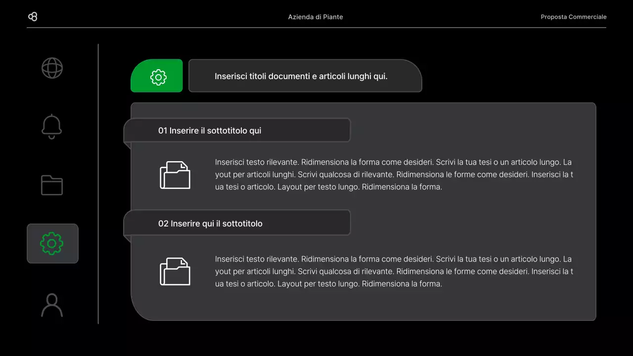 Proposta di business per un'attività commerciale con un concetto di foglia naturale nera e verde