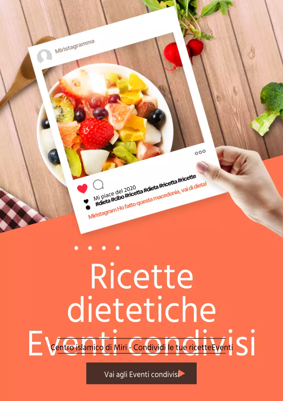 Promuovete un evento di condivisione di ricette dietetiche con una macedonia di arance e una foto incorniciata sui social media.