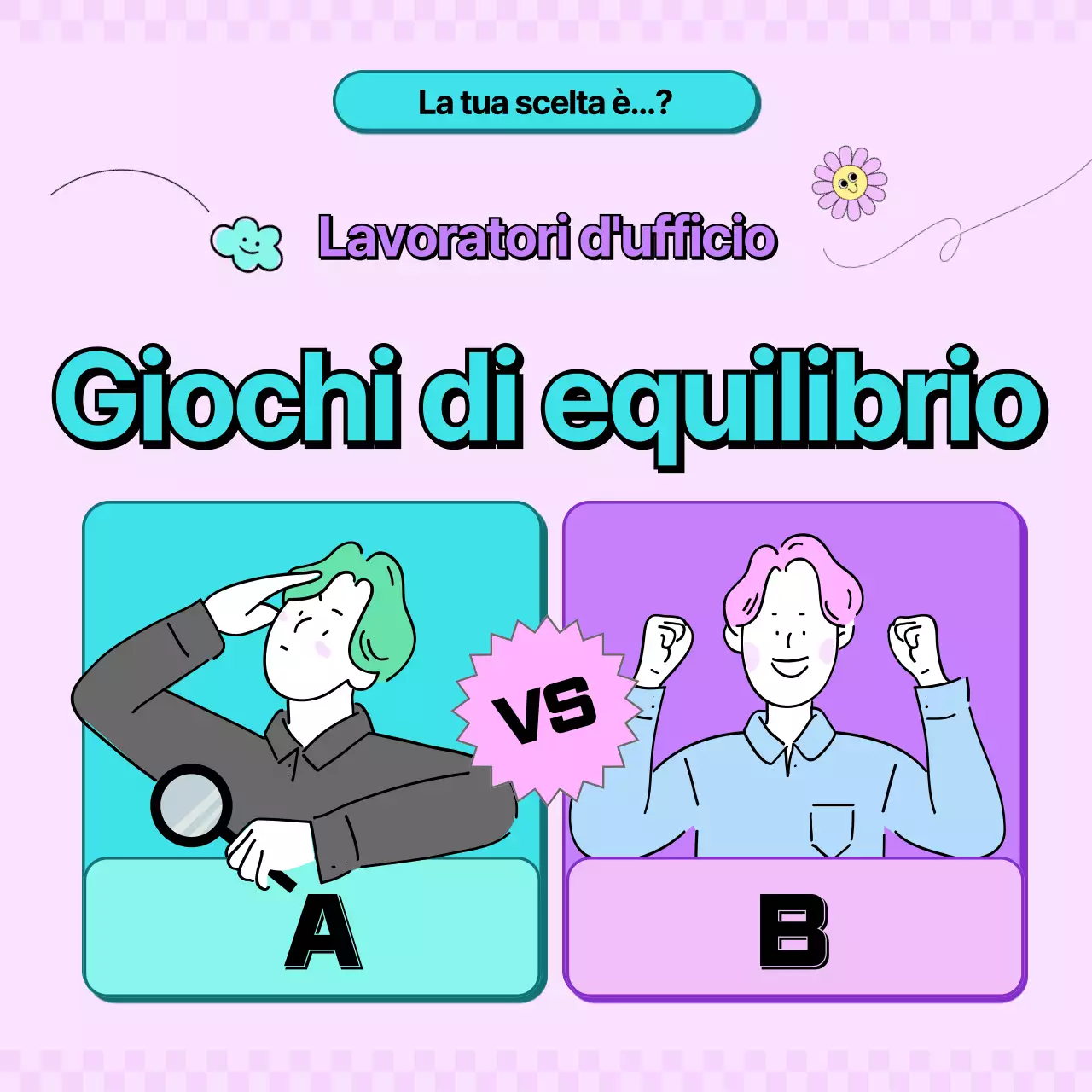 Gioco di equilibrio per impiegati di colore menta, viola e rosa CardNews