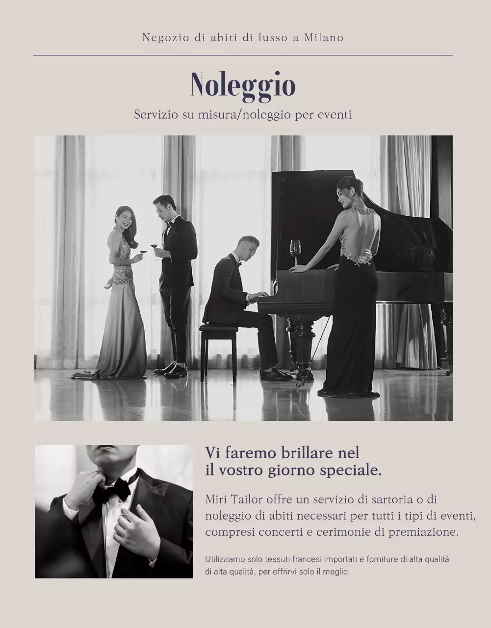 Maestri dell'abbigliamento da cerimonia navy e beige, Miri Tailor Formalwear è specializzato nella sartoria e nel noleggio di abiti Per saperne di più