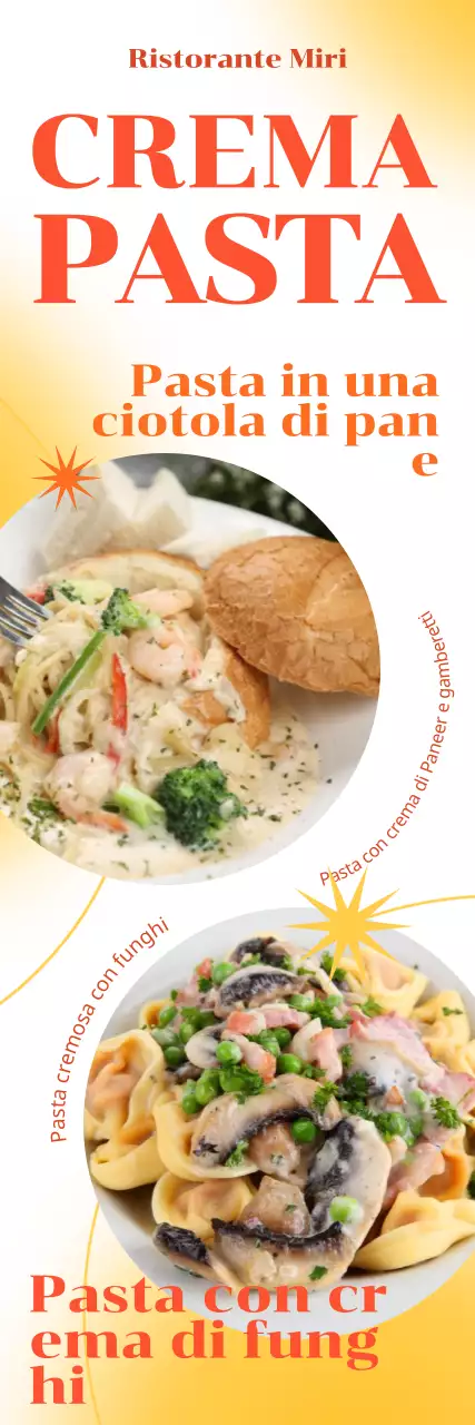 Un menu di pasta in stile occidentale con un fresco gradiente di colore giallo e linee e forme ritmiche.