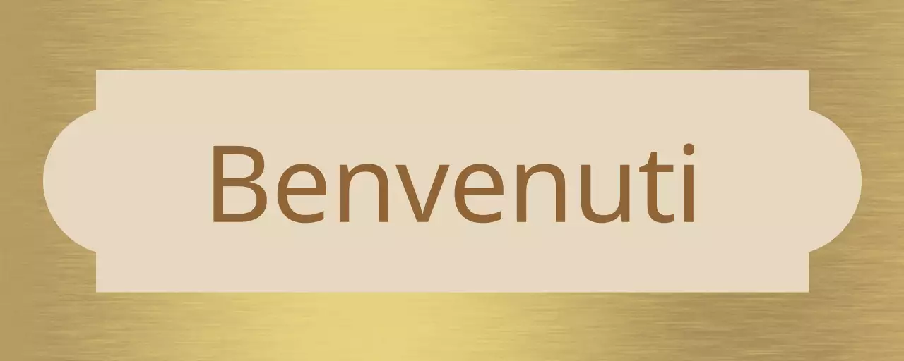 Insegna semplice, con una vetrina di benvenuto e forme beige e marroni.