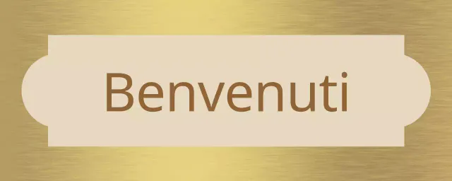 Insegna semplice, con una vetrina di benvenuto e forme beige e marroni.