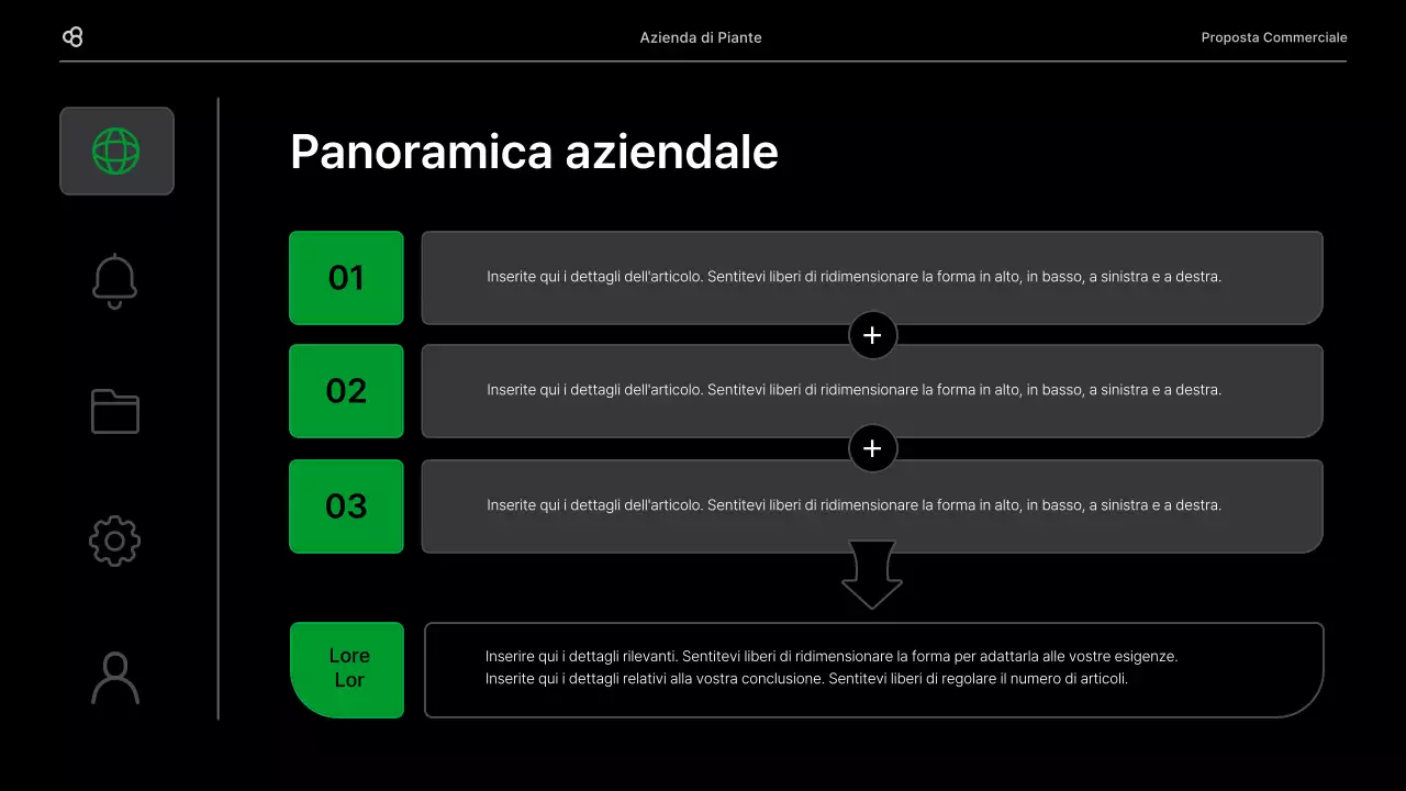 Proposta di business per un'attività commerciale con un concetto di foglia naturale nera e verde