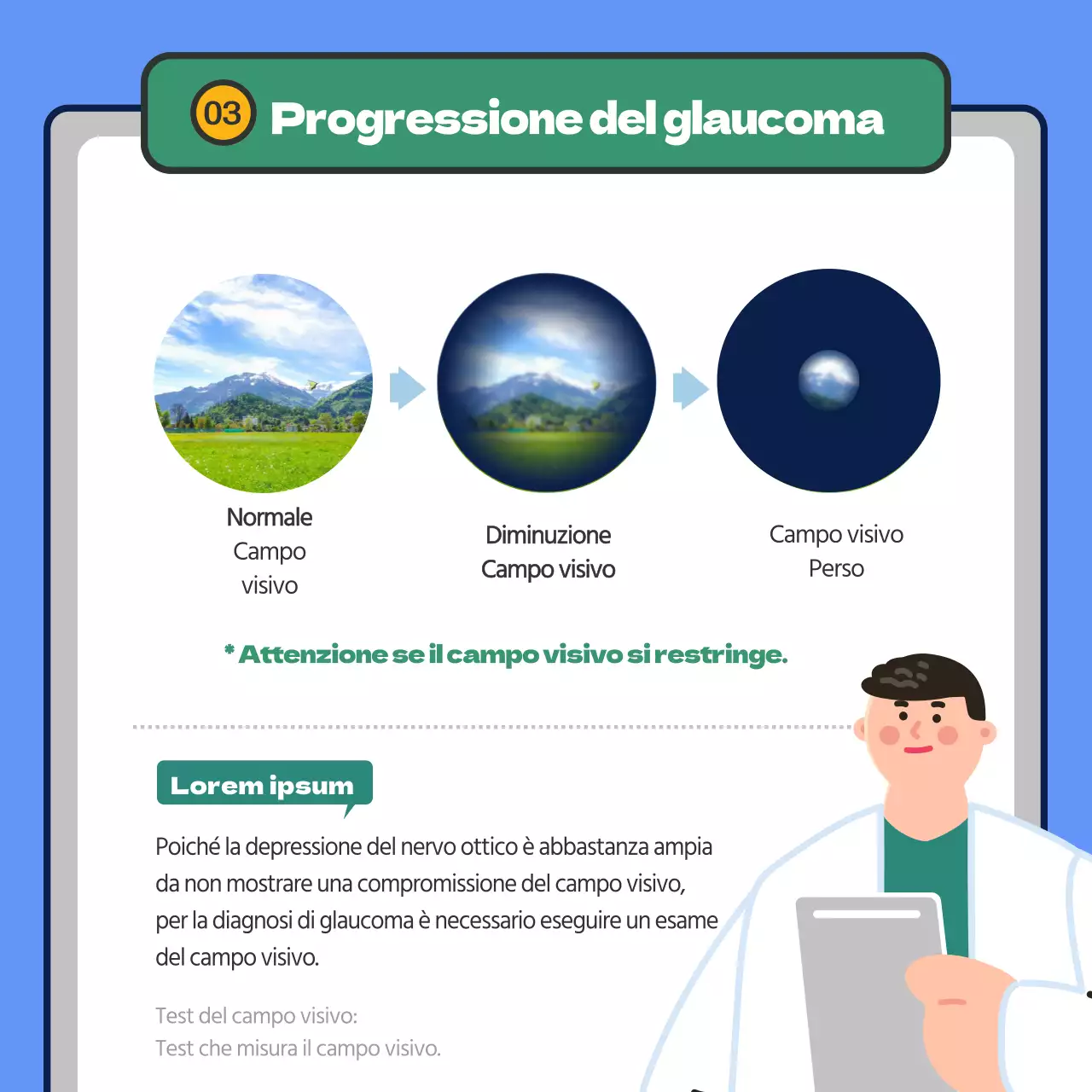 Fornisce informazioni sul glaucoma con evidenziazione del testo in blu