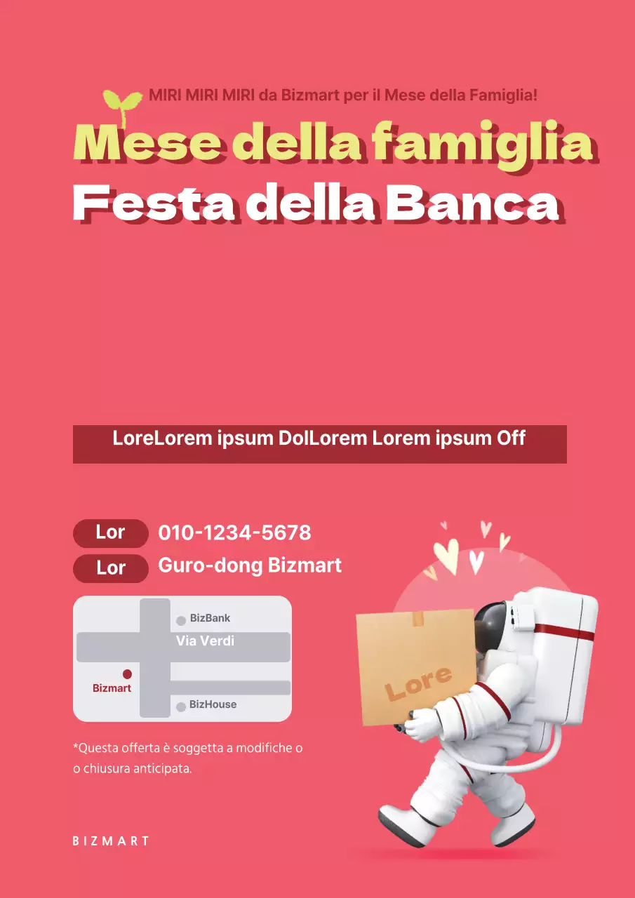 Promuovete l'inaugurazione di un negozio di alimentari con un'illustrazione di un astronauta rosa.