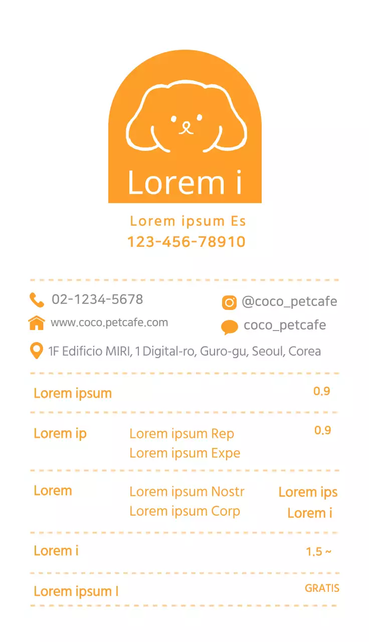 Carino biglietto da visita di un pet cafè con illustrazione di un cane giallo