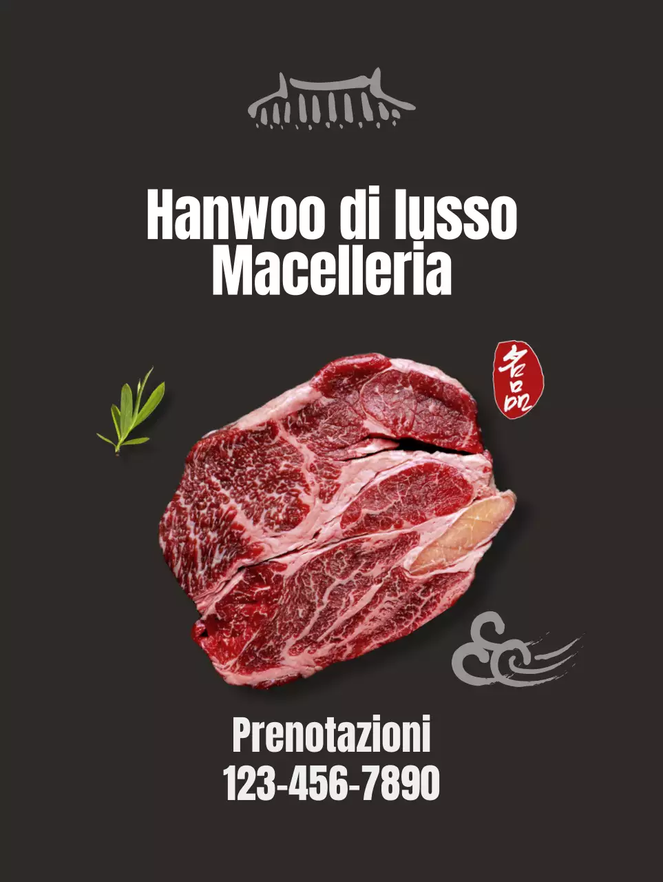 Promuovete un ristorante pulito di ispirazione coreana con immagini di carne coreana su sfondo nero.