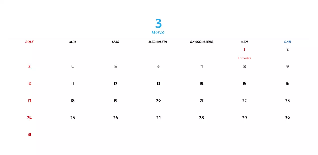 Calendario di Capodanno con simpatiche illustrazioni al tratto