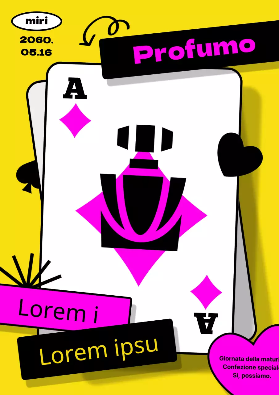 Concetto di biglietto in giallo e viola per promuovere la fragranza di San Valentino