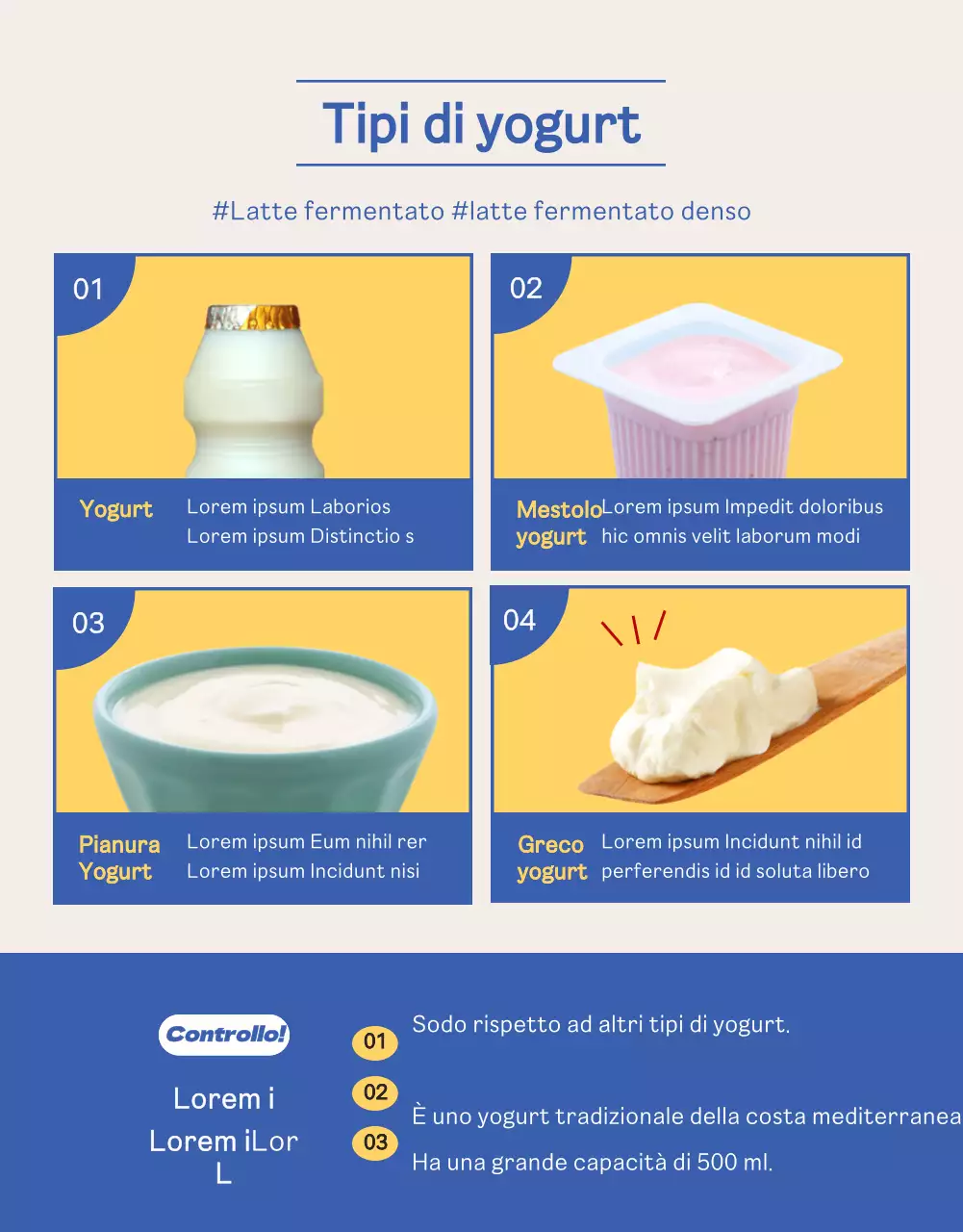 Pagina di dettaglio yogurt greco blu giallo vivido e pulito