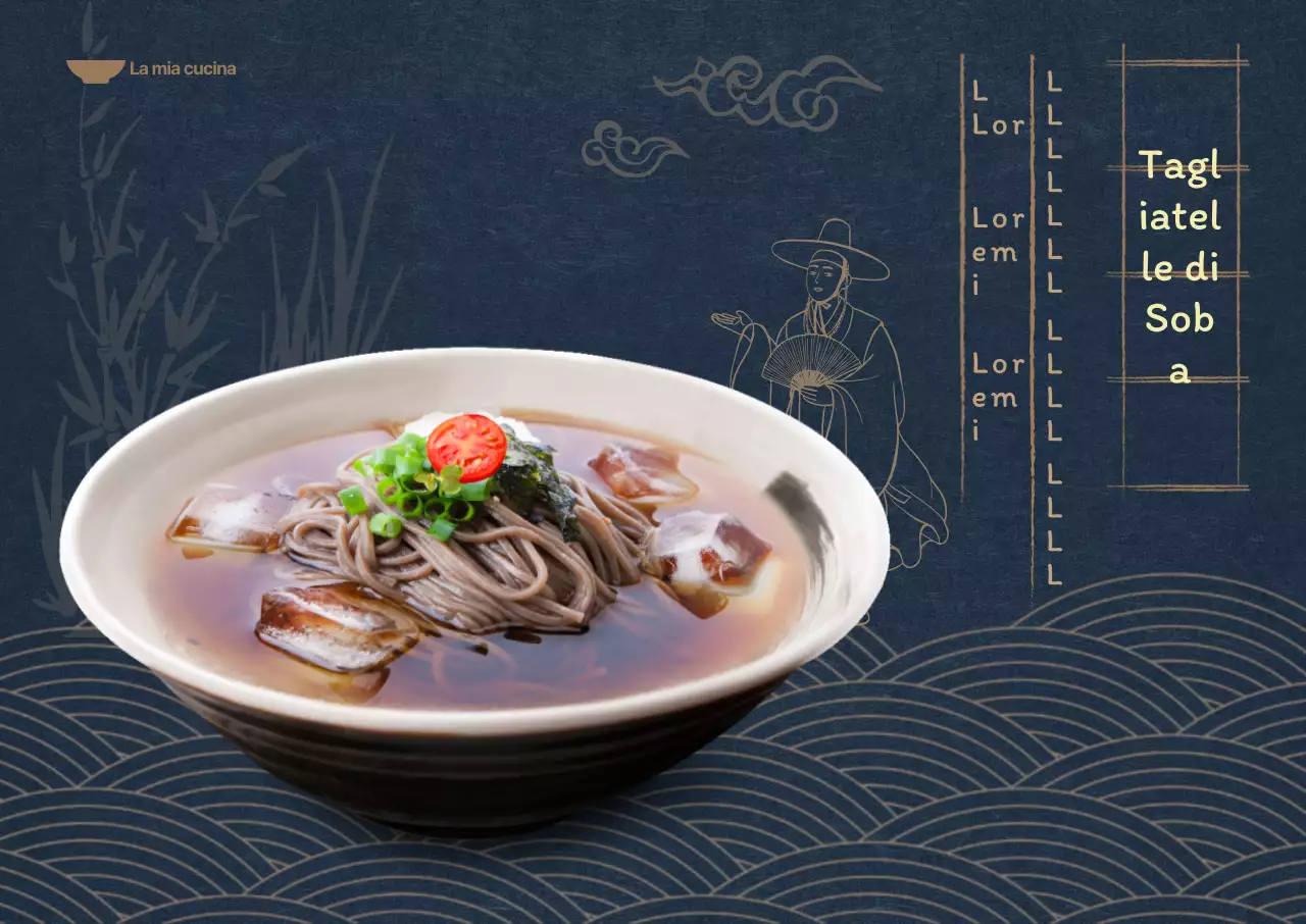 Menu estivo con sfondo blu scuro e illustrazioni orientali