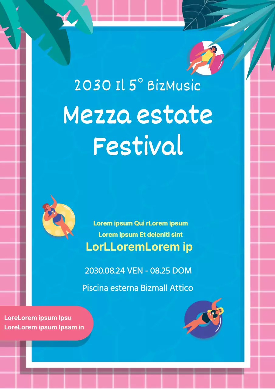 Volantino promozionale per un festival musicale estivo in rosa e azzurro