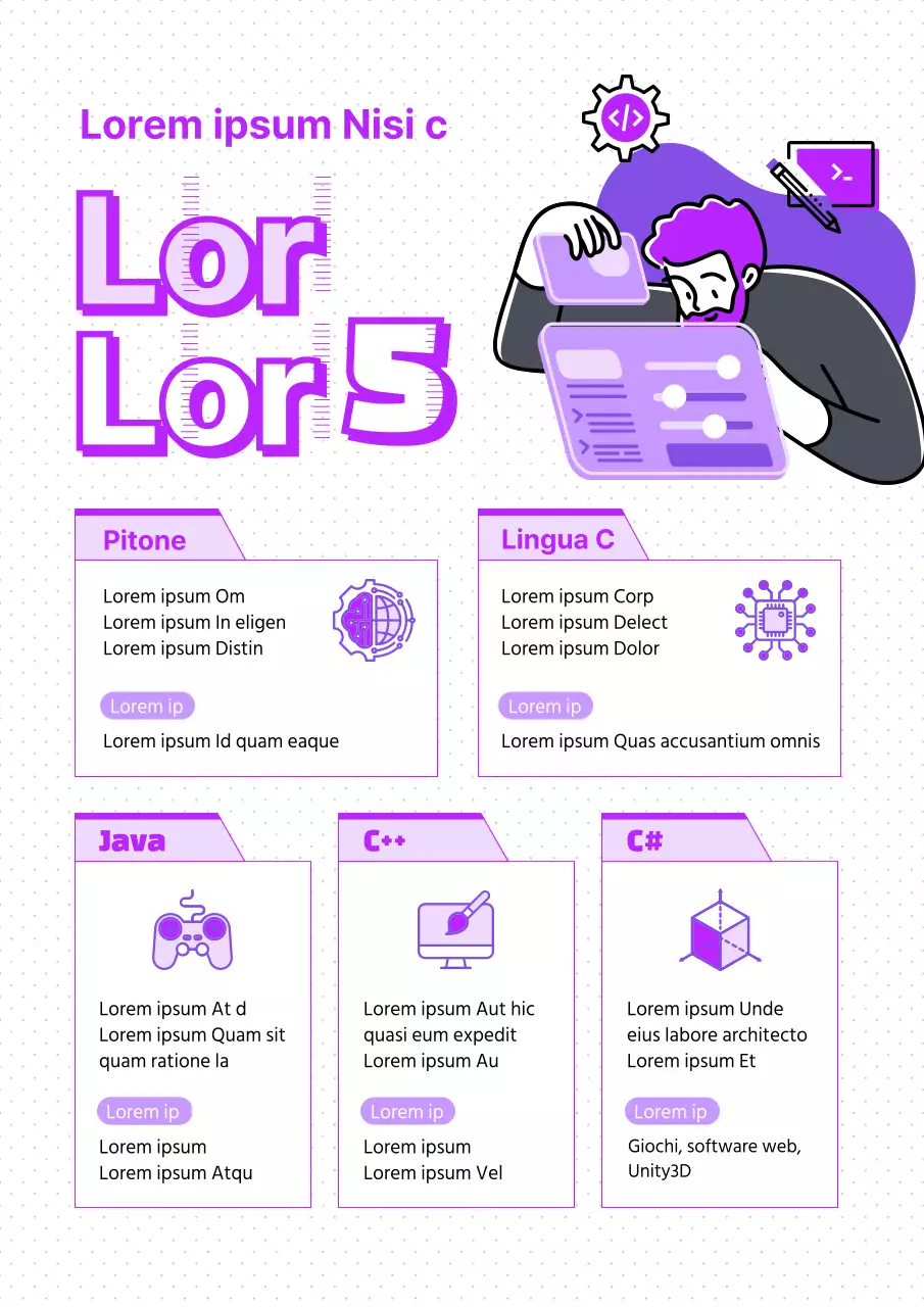 Tema Coding Language con icone e illustrazioni lineari bianche e viola