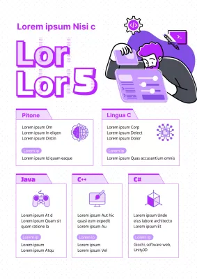 Tema Coding Language con icone e illustrazioni lineari bianche e viola