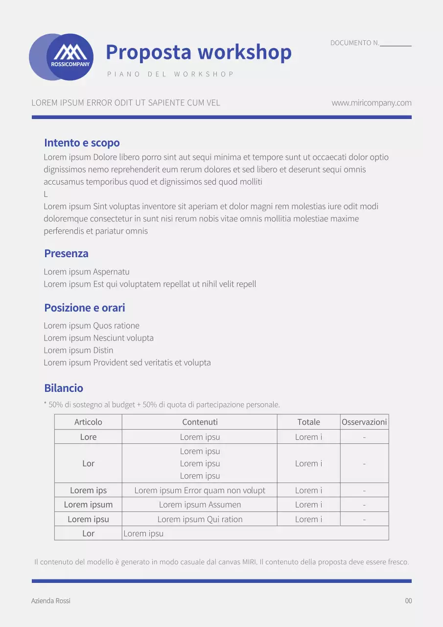Modello di documento di proposta di workshop semplice, blu e grigio chiaro